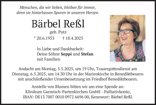 Todesanzeige von Bärbel Reßl von merkurtz