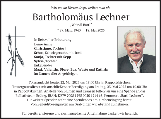 Todesanzeige von Bartholomäus Lechner von merkurtz