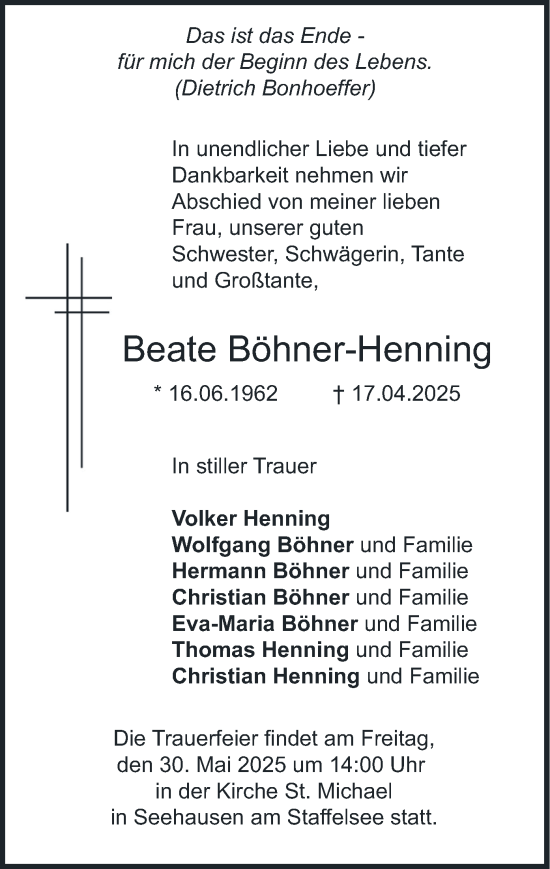 Todesanzeige von Beate Böhner-Henning von merkurtz