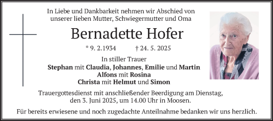 Todesanzeige von Bernadette Hofer von merkurtz