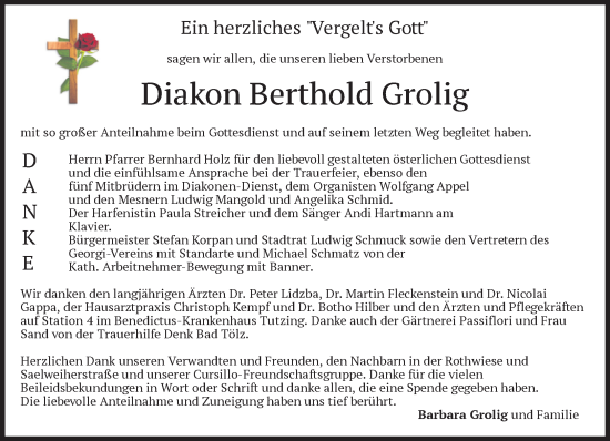 Todesanzeige von Berthold Grolig von Das Gelbe Blatt Penzberg
