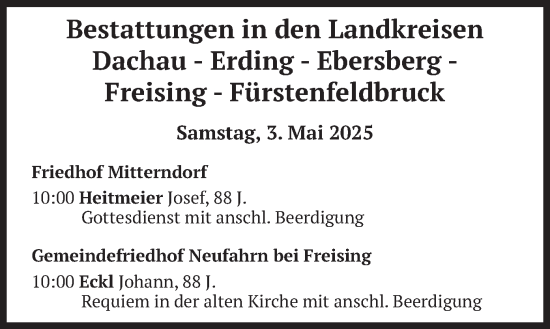 Todesanzeige von Bestattungen vom 03.05.2025 von merkurtz