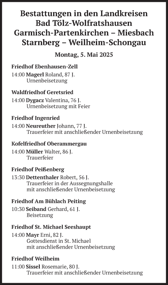 Todesanzeige von Bestattungen vom 05.05.2025 von merkurtz