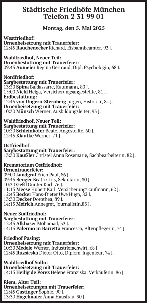 Todesanzeige von Bestattungen vom 05.05.2025 von merkurtz