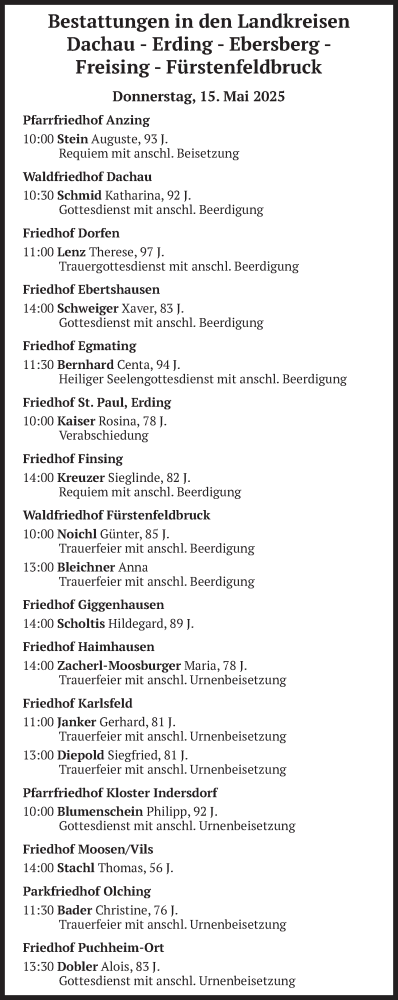 Todesanzeige von Bestattungen vom 15.05.2025 von merkurtz