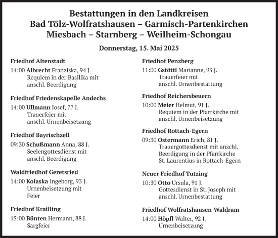 Todesanzeige von Bestattungen vom 15.05.2025 von merkurtz