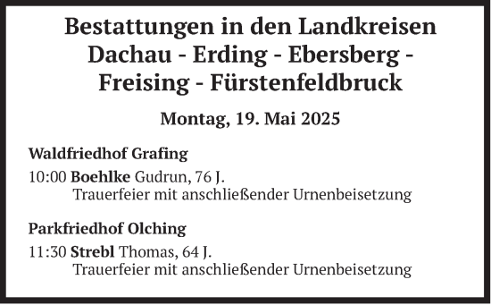 Todesanzeige von Bestattungen vom 19.05.2025 von merkurtz