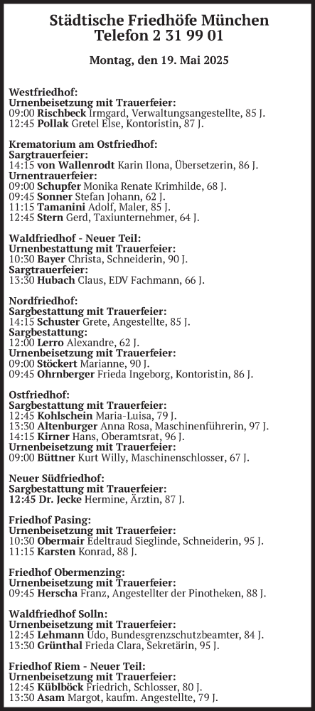 Todesanzeige von Bestattungen vom 19.05.2025 von merkurtz