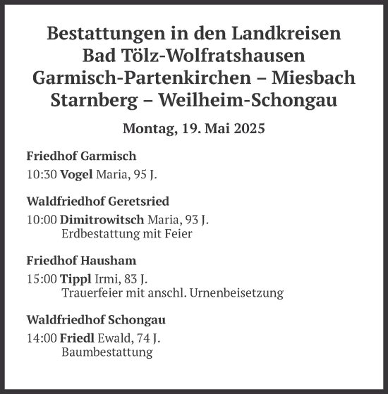 Todesanzeige von Bestattungen vom 19.05.2025 von merkurtz