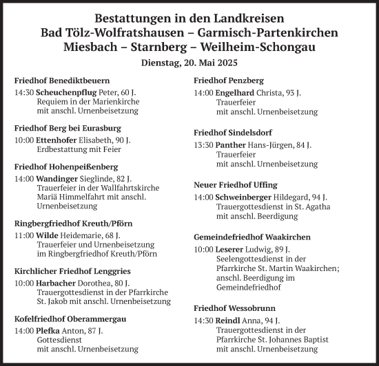 Todesanzeige von Bestattungen vom 20.05.2025 von merkurtz