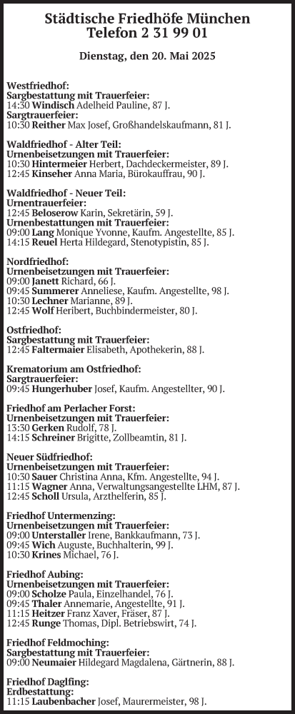 Todesanzeige von Bestattungen vom 20.05.2025 von merkurtz