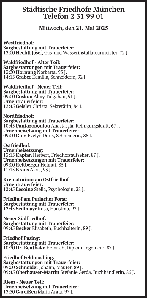Todesanzeige von Bestattungen vom 21.05.2025 von merkurtz