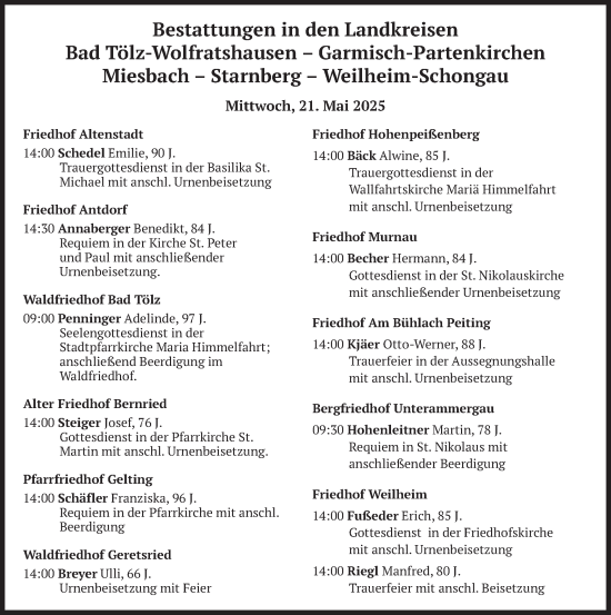 Todesanzeige von Bestattungen vom 21.05.2025 von merkurtz