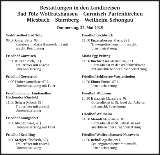 Todesanzeige von Bestattungen vom 22.05.2025 von merkurtz