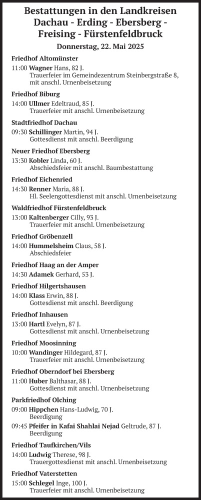 Todesanzeige von Bestattungen vom 22.05.2025 von merkurtz