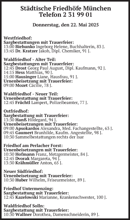 Todesanzeige von Bestattungen vom 22.05.2025 von merkurtz