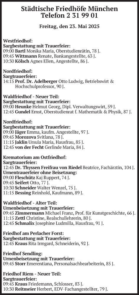 Todesanzeige von Bestattungen vom 23.05.2025 von merkurtz