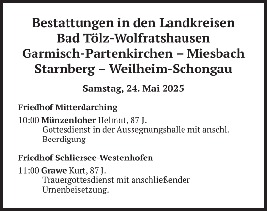 Todesanzeige von Bestattungen vom 24.05.2025 von merkurtz