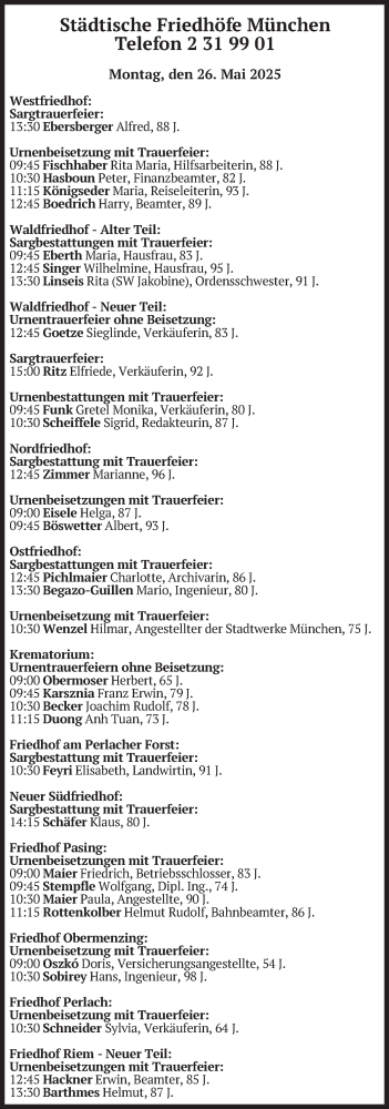 Todesanzeige von Bestattungen vom 26.05.2025 von merkurtz