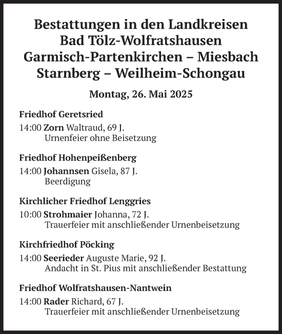 Todesanzeige von Bestattungen vom 26.05.2025 von merkurtz