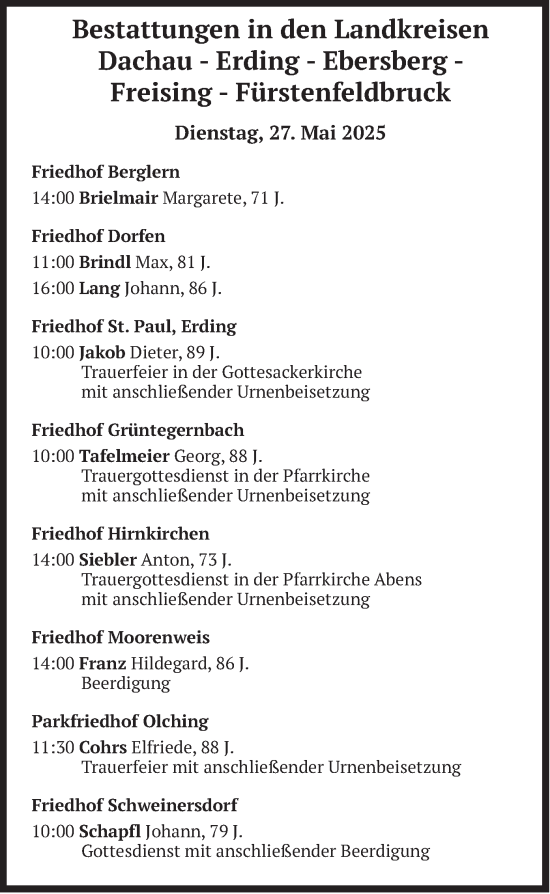 Todesanzeige von Bestattungen vom 27.05.2025 von merkurtz