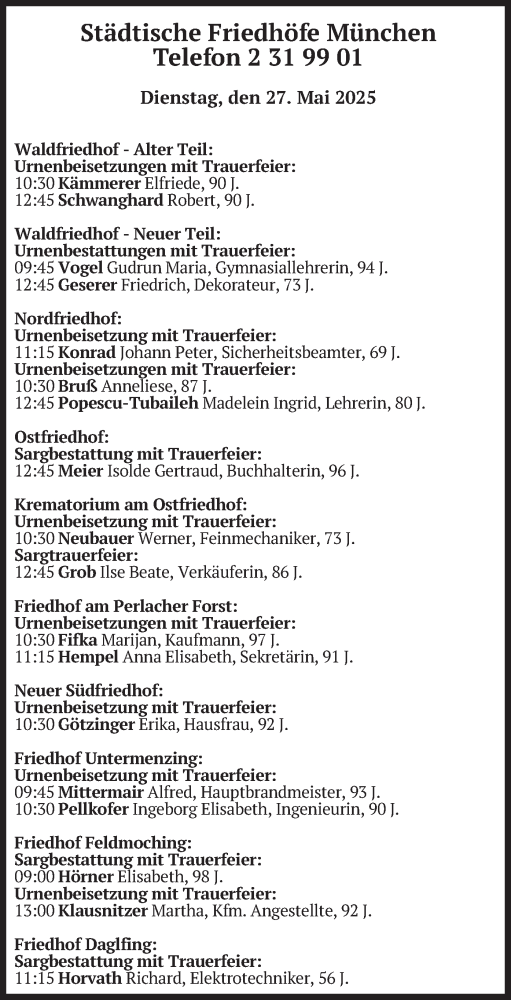 Todesanzeige von Bestattungen vom 27.05.2025 von merkurtz