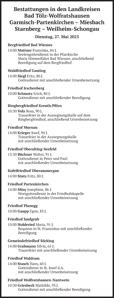 Todesanzeige von Bestattungen vom 27.05.2025 von merkurtz