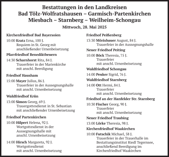Todesanzeige von Bestattungen vom 28.05.2025 von merkurtz