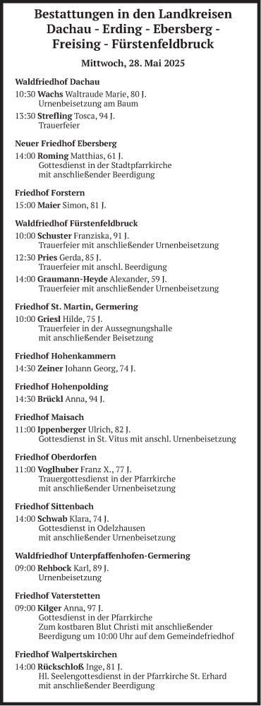 Todesanzeige von Bestattungen vom 28.05.2025 von merkurtz
