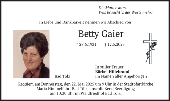 Todesanzeige von Betty Gaier von merkurtz