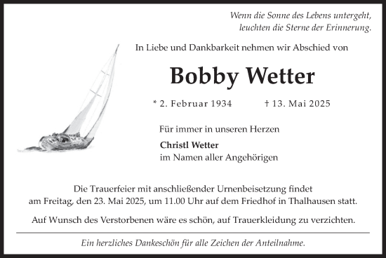 Todesanzeige von Bobby Wetter von merkurtz