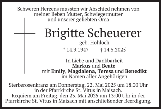 Todesanzeige von Brigitte Scheuerer von merkurtz