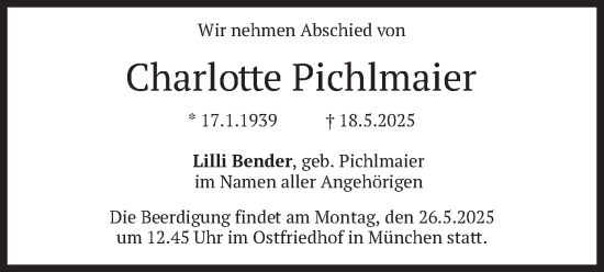 Todesanzeige von Charlotte Pichlmaier von merkurtz