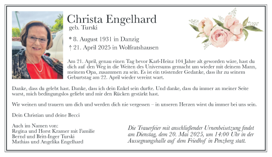 Todesanzeige von Christa Engelhard von merkurtz