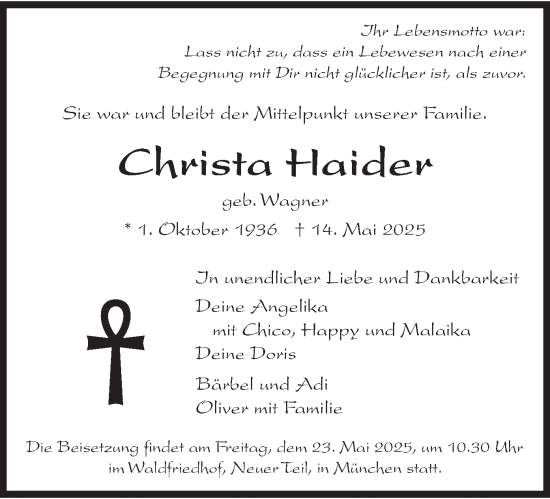 Todesanzeige von Christa Haider von merkurtz