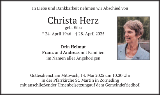 Todesanzeige von Christa Herz von merkurtz