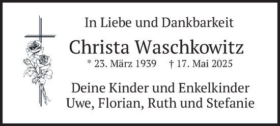 Todesanzeige von Christa Waschkowitz von merkurtz