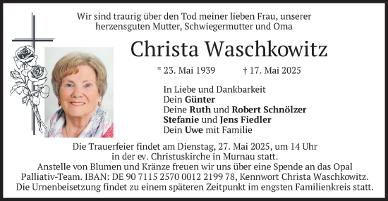 Todesanzeige von Christa Waschkowitz von merkurtz