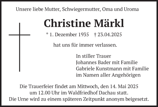 Todesanzeige von Christine Märkl von merkurtz