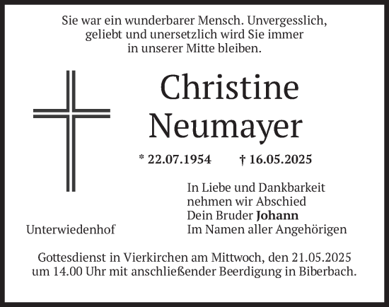 Todesanzeige von Christine Neumayer von merkurtz