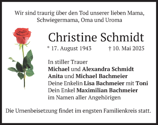 Todesanzeige von Christine Schmidt von merkurtz