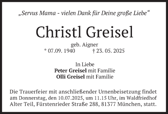 Todesanzeige von Christl Greisel von merkurtz