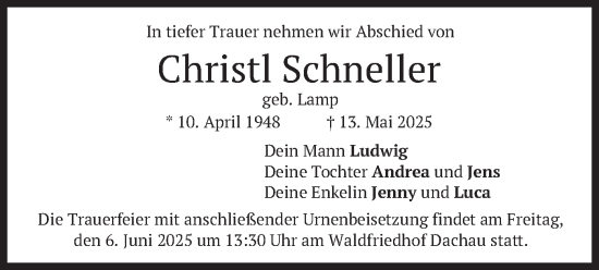 Todesanzeige von Christl Schneller von merkurtz