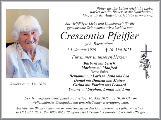 Todesanzeige von Creszentia Pfeiffer von merkurtz