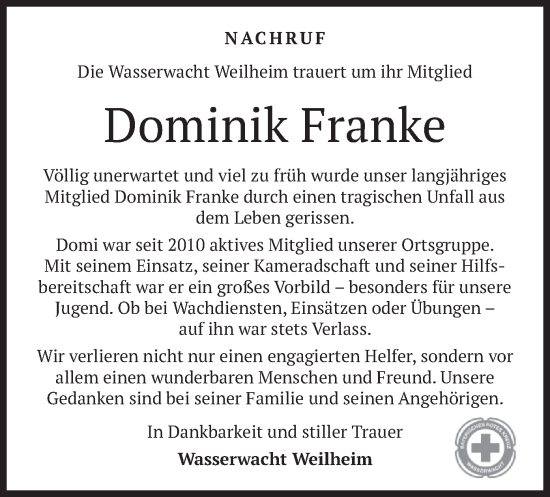 Todesanzeige von Dominik Franke von merkurtz
