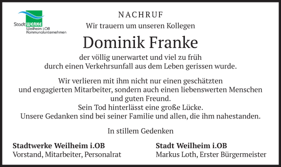 Todesanzeige von Dominik Franke von merkurtz