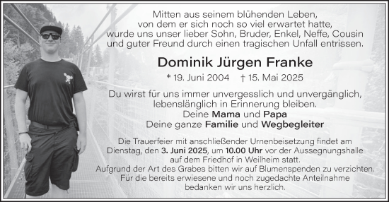 Todesanzeige von Dominik Jürgen Franke von merkurtz