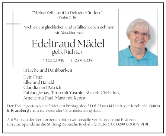 Todesanzeige von Edeltraud Mädel von merkurtz