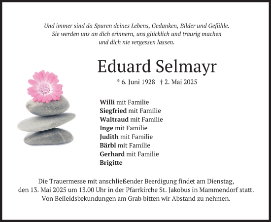 Todesanzeige von Eduard Selmayr von merkurtz
