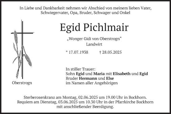 Todesanzeige von Egid Pichlmair von merkurtz